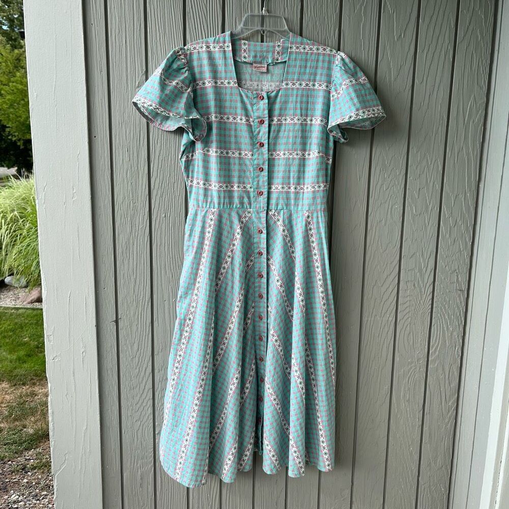 True Vintage Wayne Maid 1950s Gingham Shirtwaist Dress – Pink & Turquoise, M/L - Picture 1 of 14